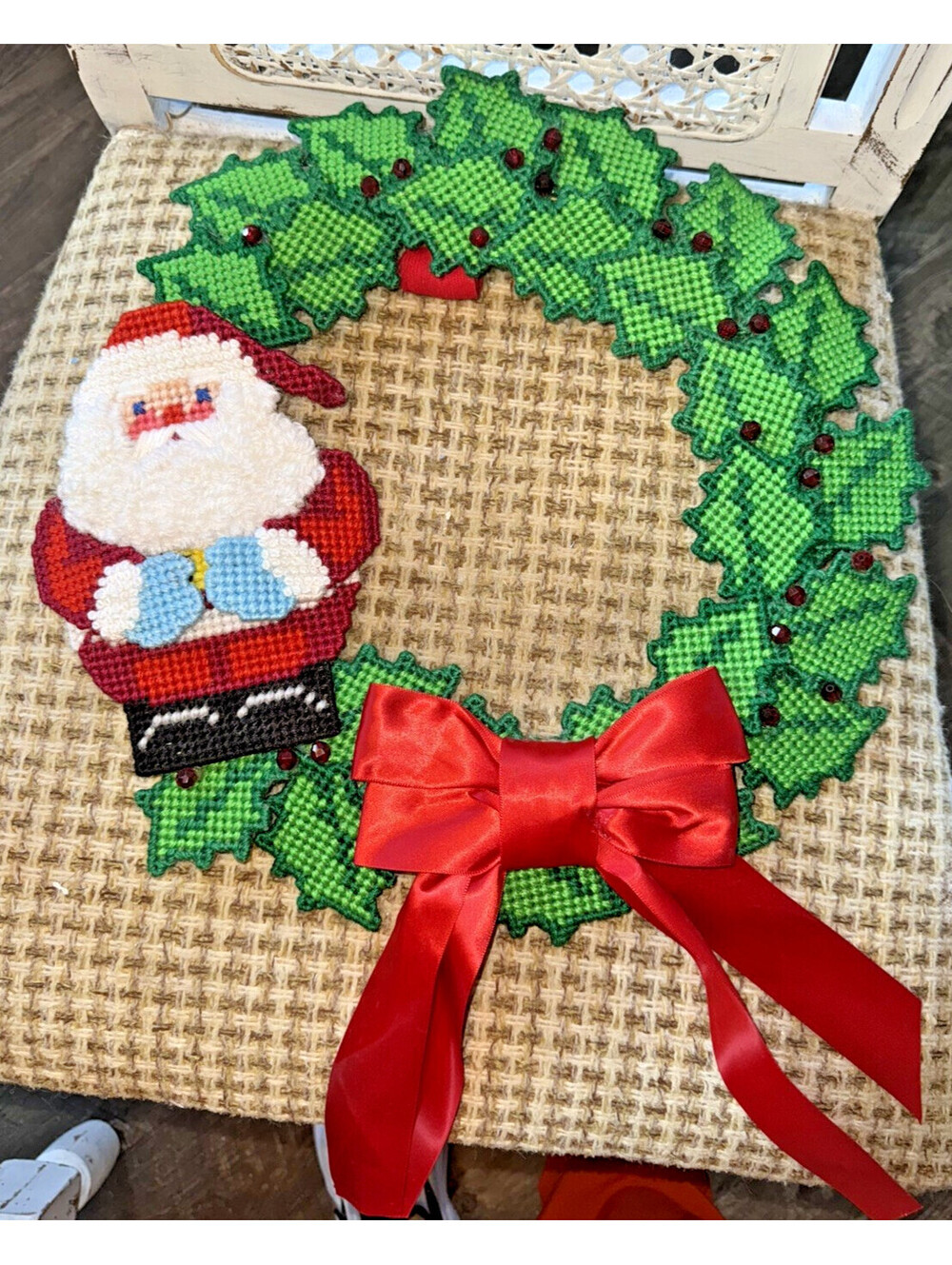 Vintage Christmas Cross Stitch Plastic Canvas Wreath, Holly Leaf & Santa